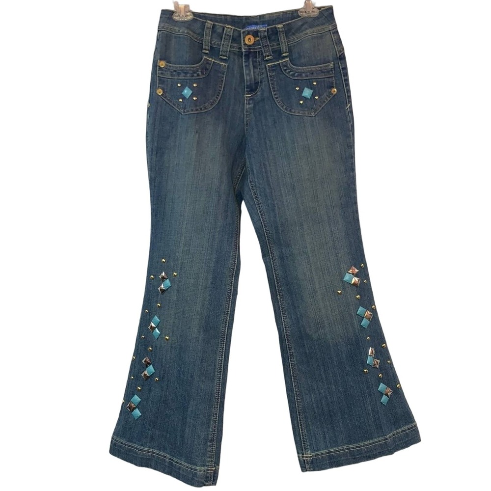 Y2K Blue Identity Embellished Flare Jeans Petite 4 Studded Low Rise Vintage